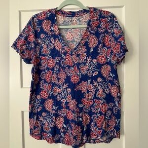 LOFT Floral V-Neck Blouse in Blue and Red